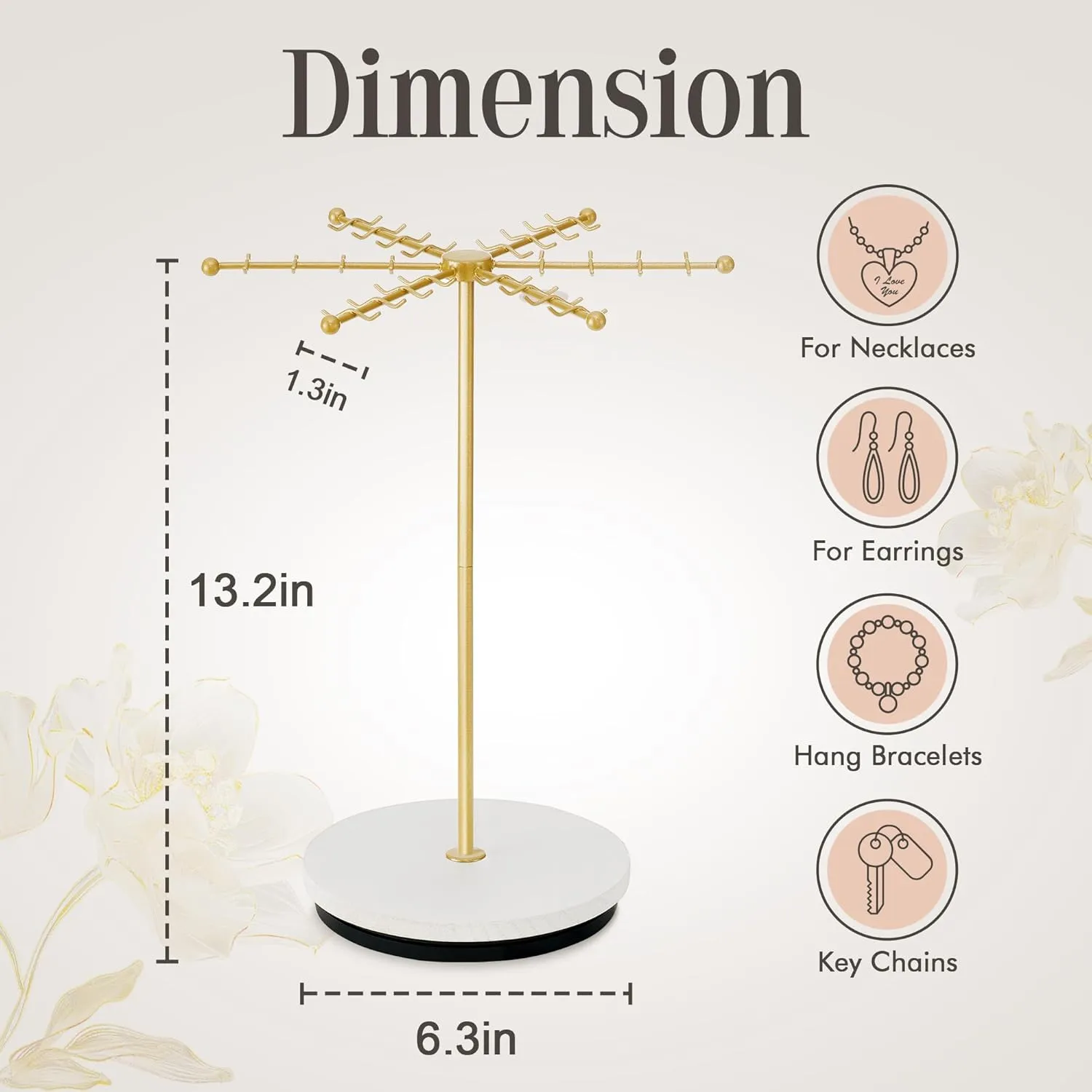 Necklace Holder Jewelry Stand, Rotating Necklace Holder Organizer with 48 Hooks for Necklace Earring Keychains Bracelet Display Stand, Metal Necklace Tree Stand -Women Gifts (Gold)