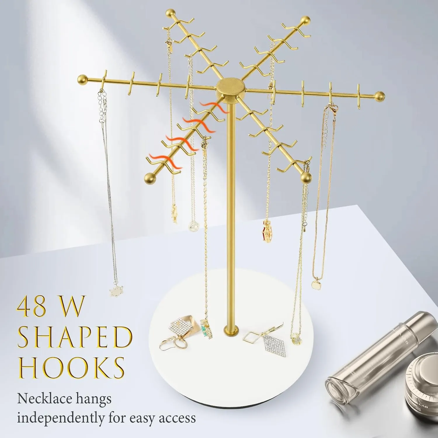 Necklace Holder Jewelry Stand, Rotating Necklace Holder Organizer with 48 Hooks for Necklace Earring Keychains Bracelet Display Stand, Metal Necklace Tree Stand -Women Gifts (Gold)