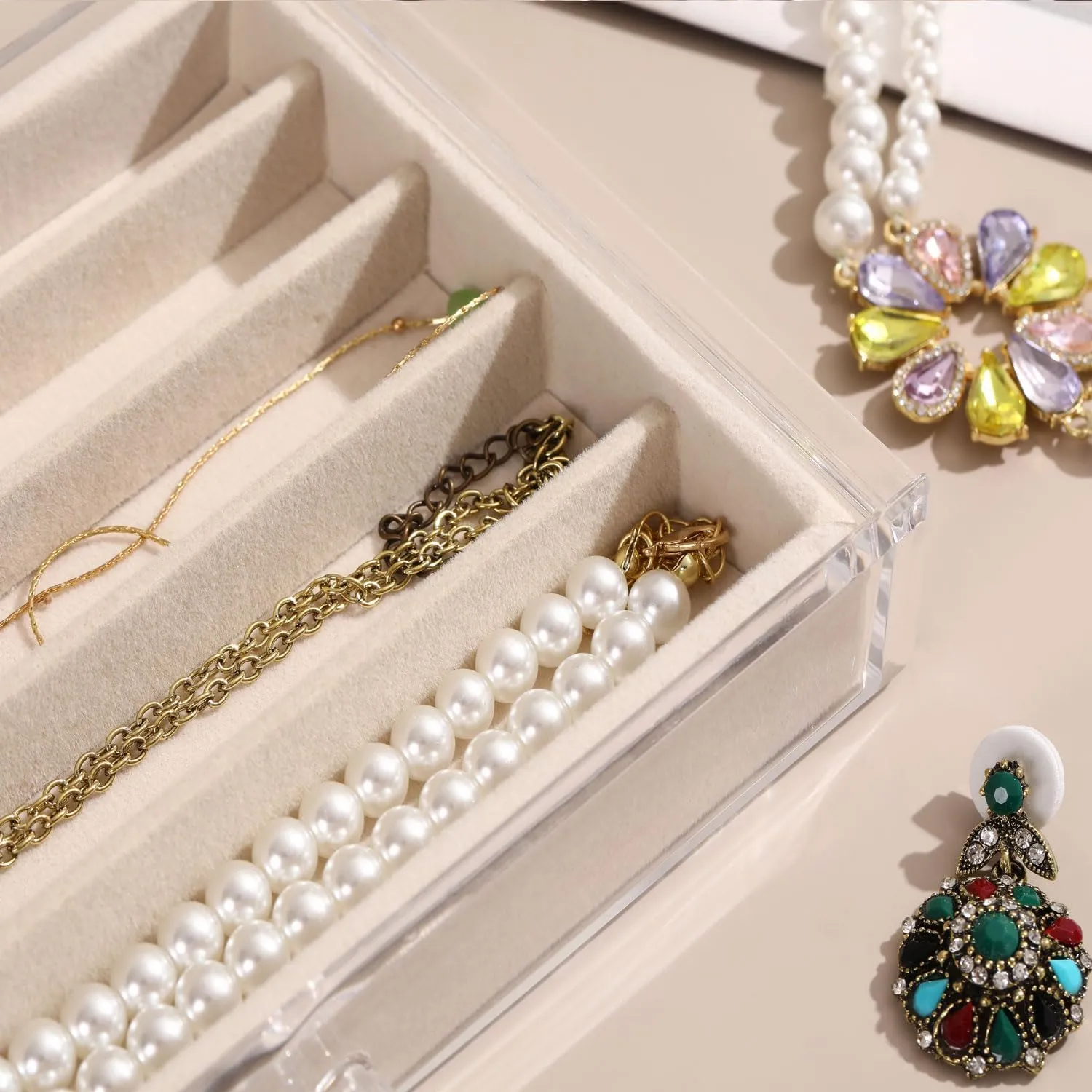 Necklace Organizer Box with Clear Lid, Dustproof Velvet Jewelry Holder Storage Display Case, Stackable Acrylic Necklace Tray Drawer Insert for Women and Girls (Beige,3 Drawers)
