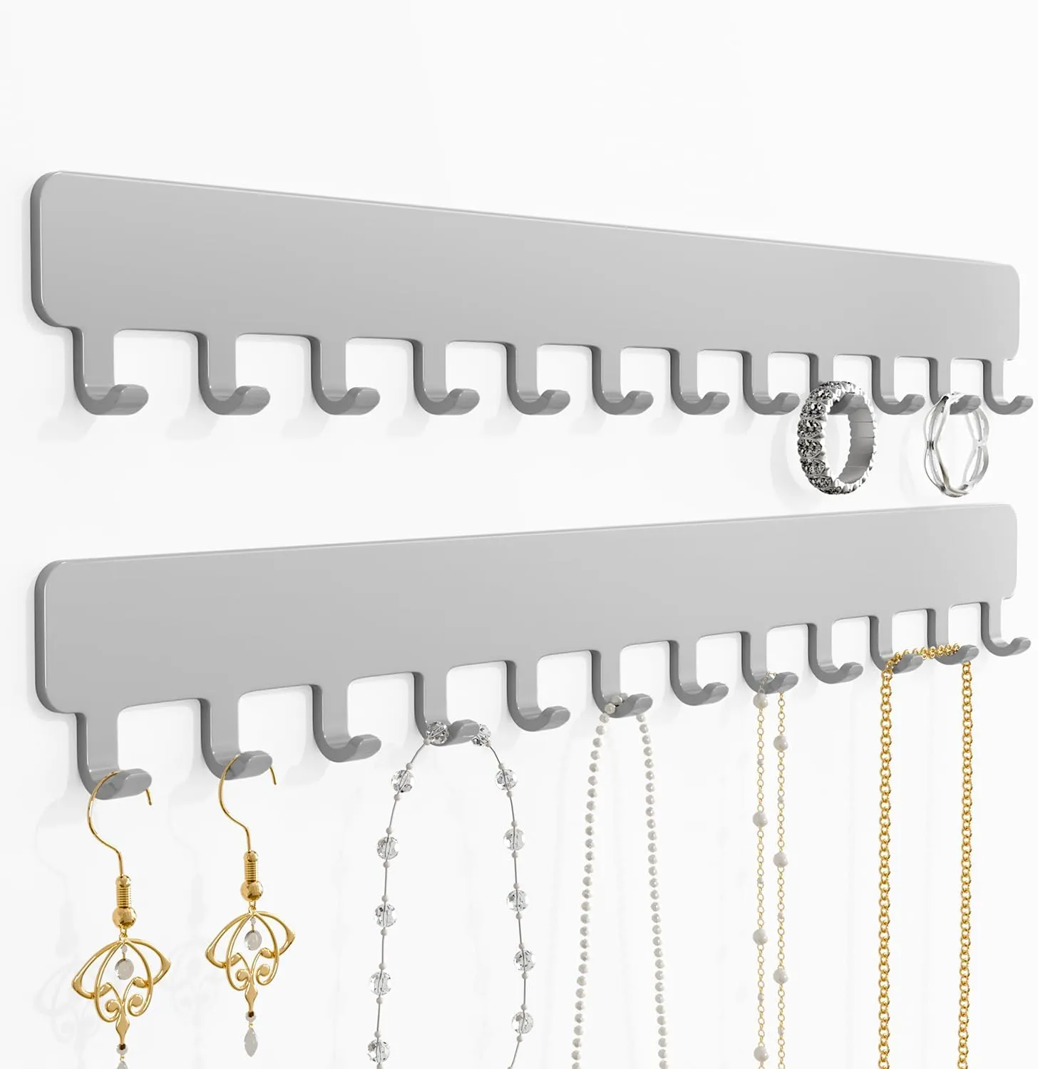 Necklace Organizer: Sturdy Necklace Holder Wall Mounted with Hooks for Tangle-Free Jewelry Storage Grey, 2 PCS