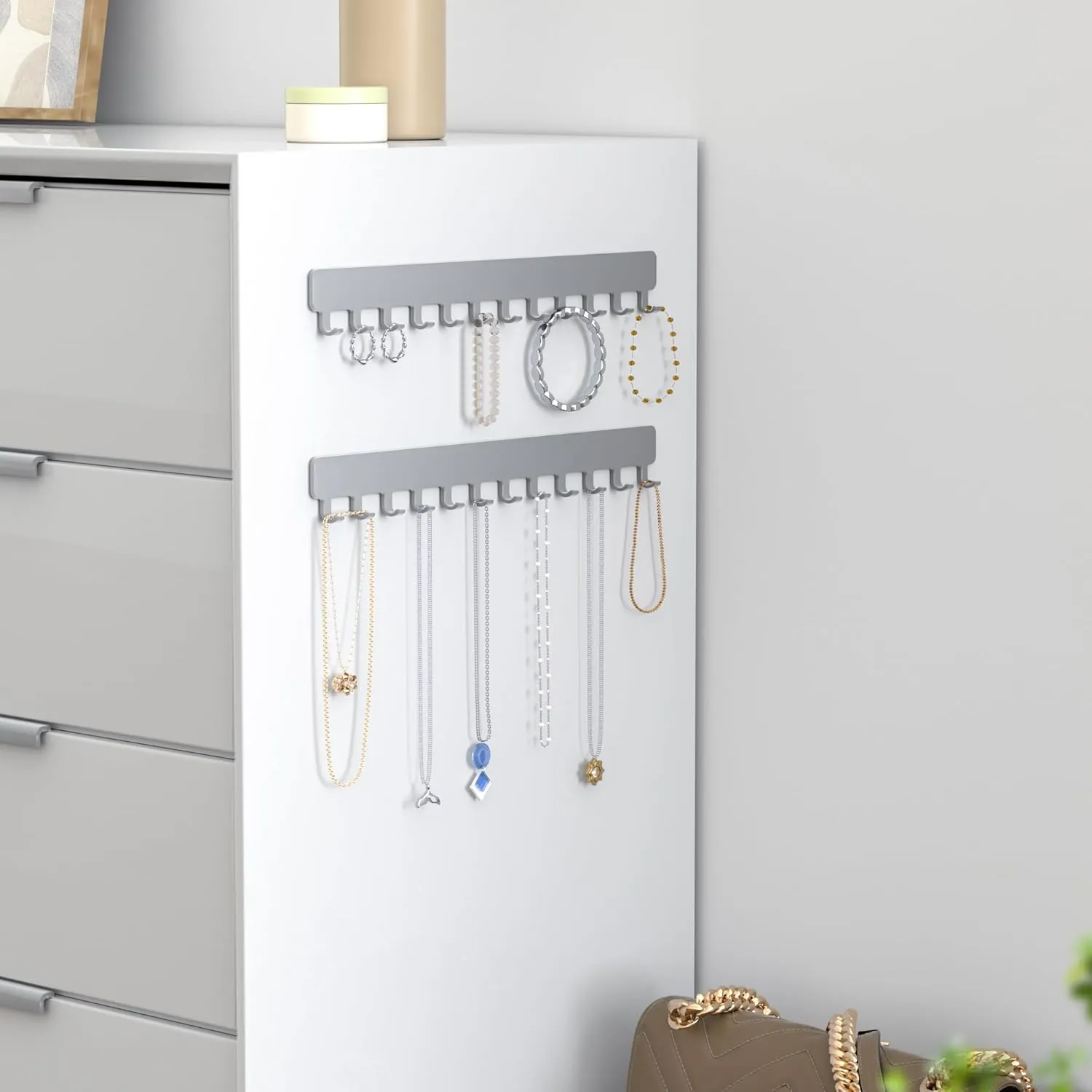 Necklace Organizer: Sturdy Necklace Holder Wall Mounted with Hooks for Tangle-Free Jewelry Storage Grey, 2 PCS