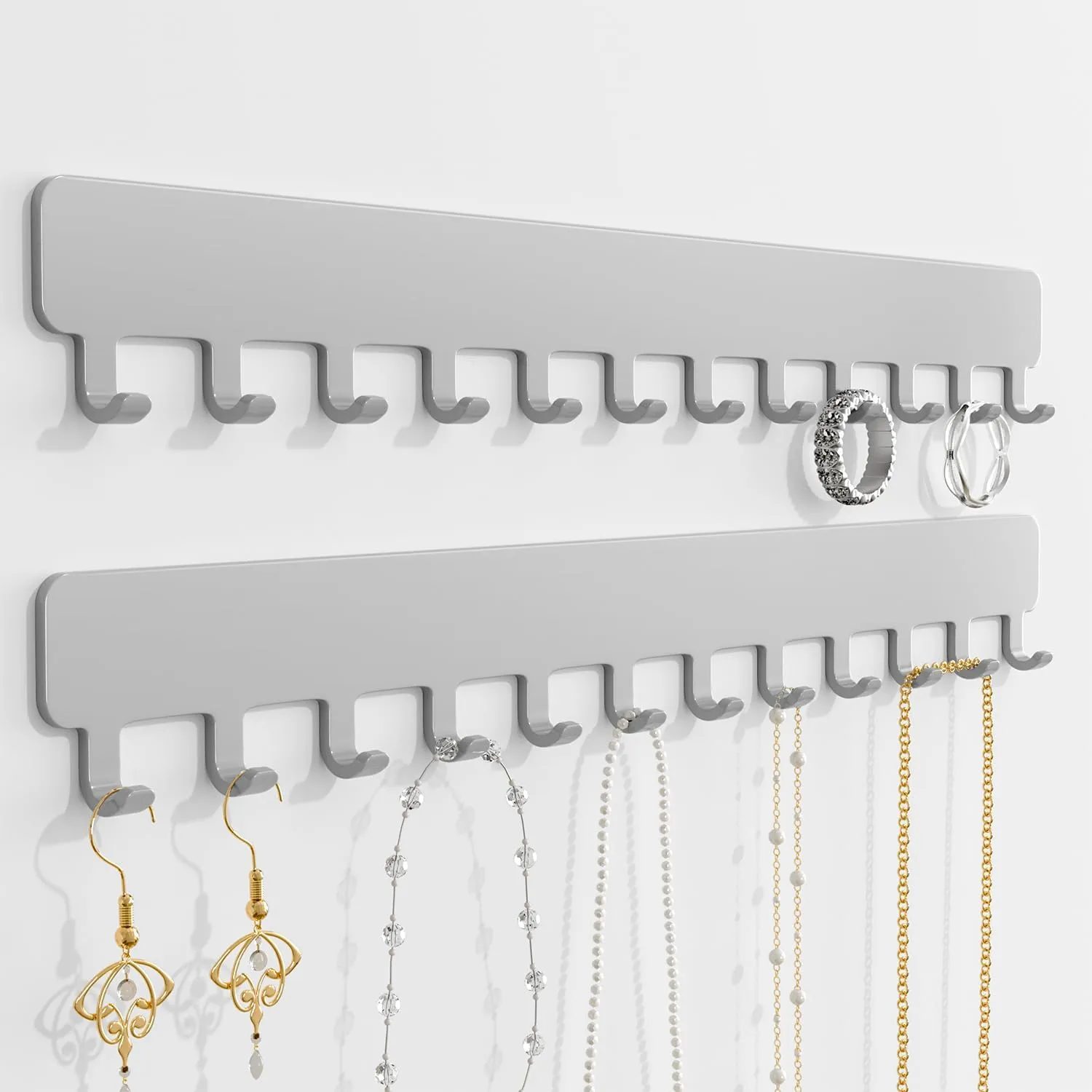 Necklace Organizer: Sturdy Necklace Holder Wall Mounted with Hooks for Tangle-Free Jewelry Storage Grey, 2 PCS