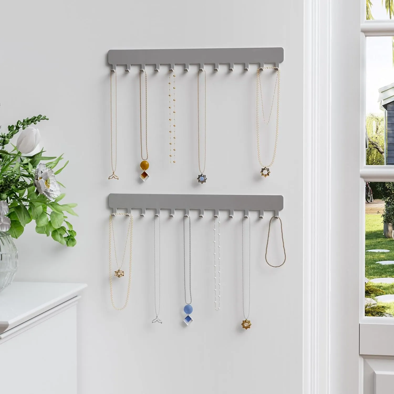Necklace Organizer: Sturdy Necklace Holder Wall Mounted with Hooks for Tangle-Free Jewelry Storage Grey, 2 PCS