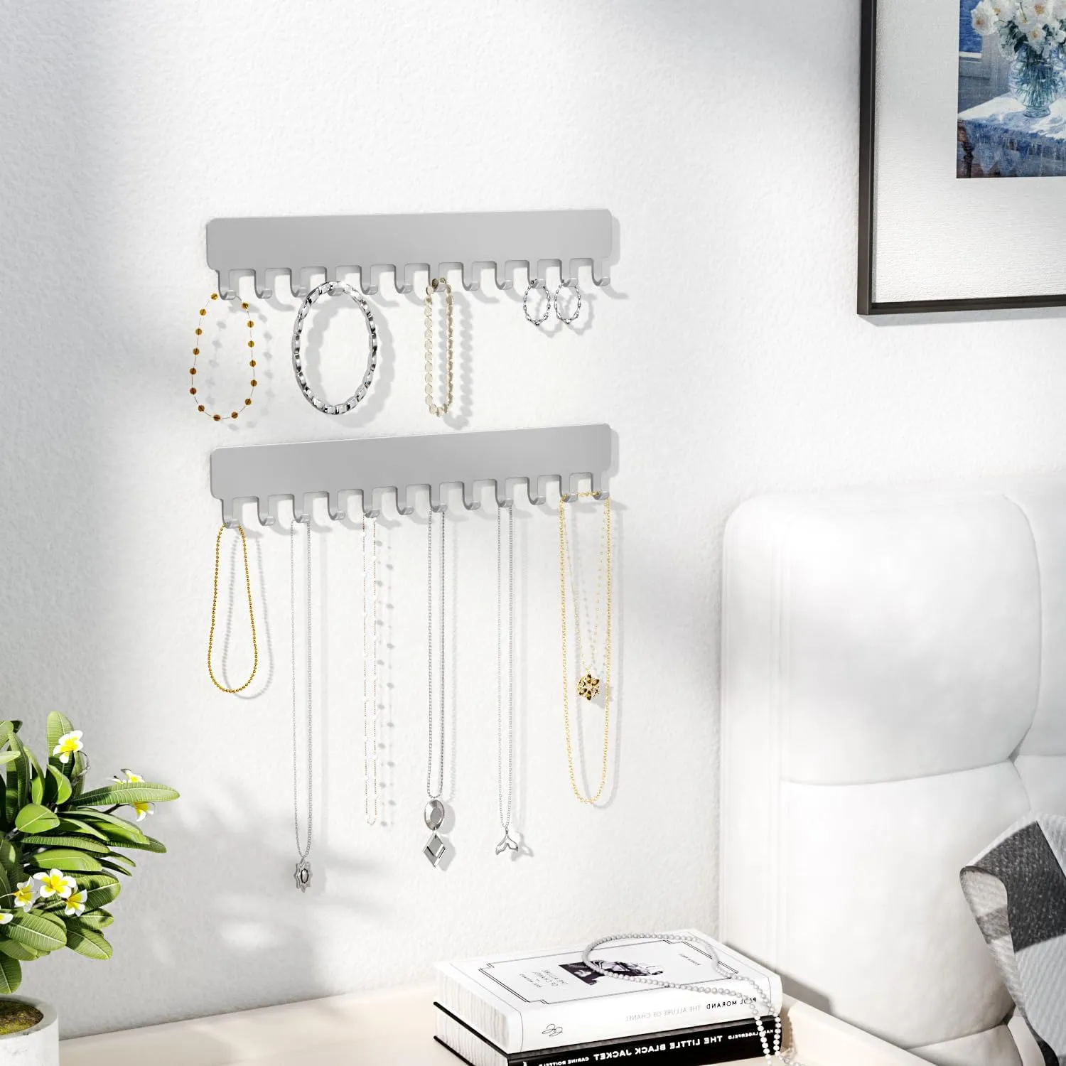 Necklace Organizer: Sturdy Necklace Holder Wall Mounted with Hooks for Tangle-Free Jewelry Storage Grey, 2 PCS