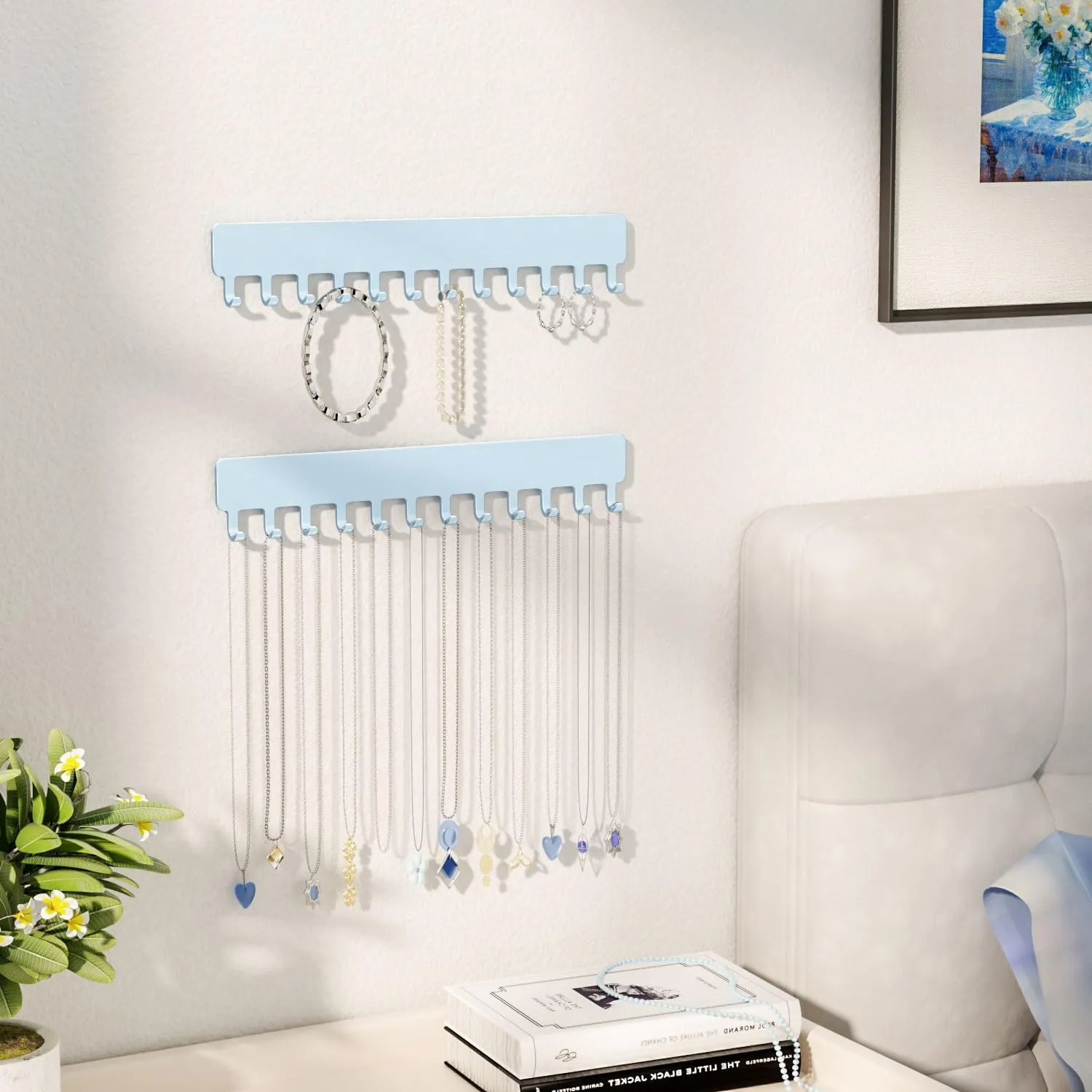Necklace Organizer Wall Mount: Wall Necklace Hanger with Hooks for Tangle-Free Storage  Easy Access Wall Mounted Necklace Holder for Jewelry Display, Baby Blue