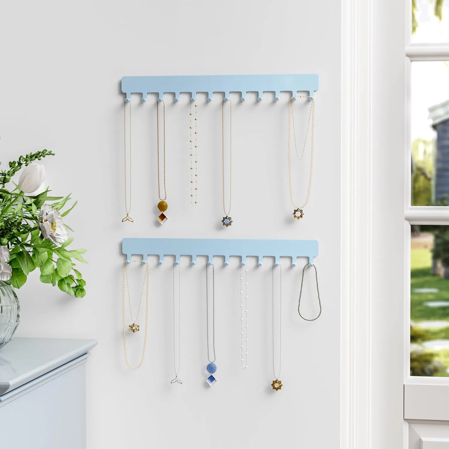 Necklace Organizer Wall Mount: Wall Necklace Hanger with Hooks for Tangle-Free Storage  Easy Access Wall Mounted Necklace Holder for Jewelry Display, Baby Blue