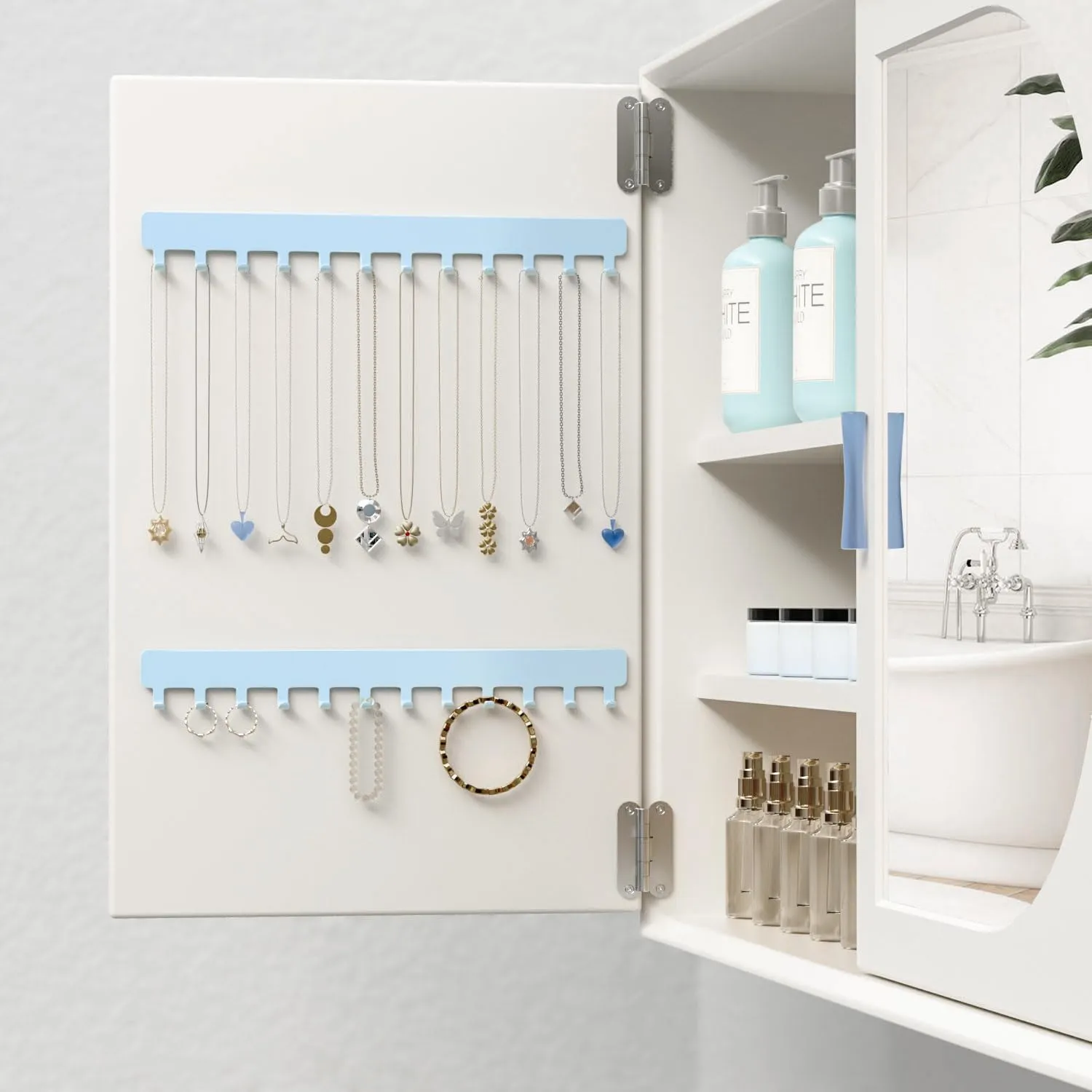 Necklace Organizer Wall Mount: Wall Necklace Hanger with Hooks for Tangle-Free Storage  Easy Access Wall Mounted Necklace Holder for Jewelry Display, Baby Blue