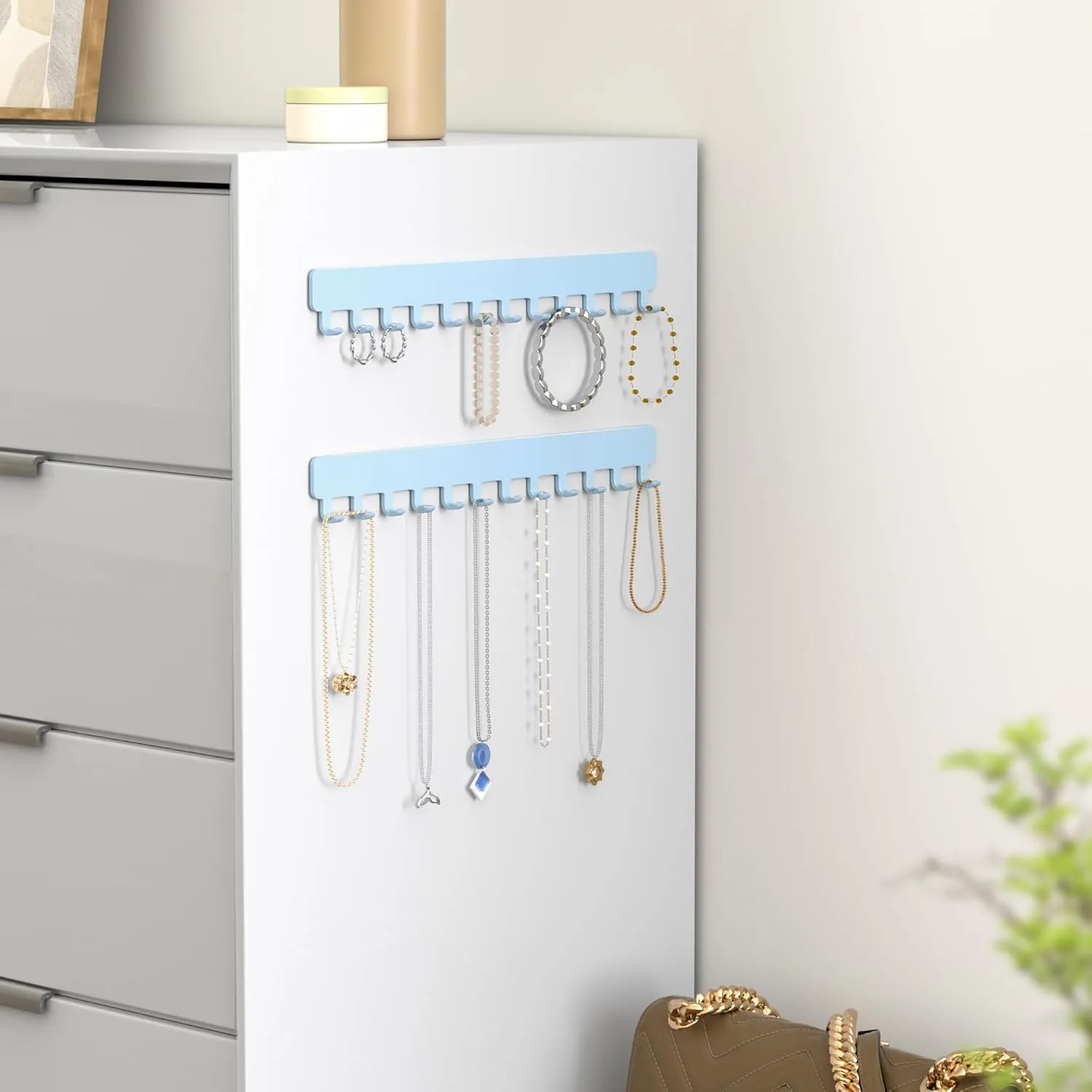 Necklace Organizer Wall Mount: Wall Necklace Hanger with Hooks for Tangle-Free Storage  Easy Access Wall Mounted Necklace Holder for Jewelry Display, Baby Blue