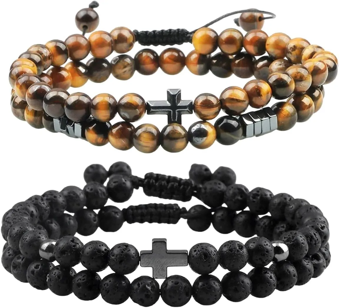 New 2025 2Pcs Couples Bracelet Classic 6Mm Natural Tiger Eye Lava Stone Beaded Cross Bracelets For Men Women Yoga Jewelry Friendship Gift Fashion Accessories Creative Gift