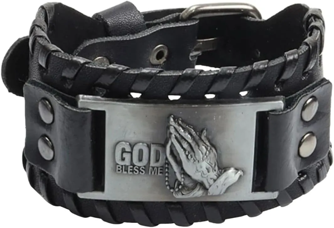 New 2025 Wide Leather Prayer Hand God Bracelet Charm Men's Bracelet Viking Accessorie Men's Jewelry Gift Bangles For Women Decoration Jewelry Commemorative With You Accessories Trendy Best For Gift