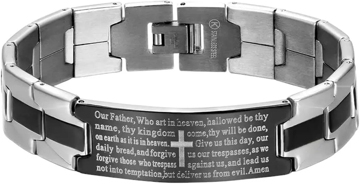 New 2026 Unisex Stainles Stell Black Stainless Steel Jesus Cross Bracelet Men Jewelry English Lord's Prayer Bracelets & Bangles Christmas Gift Fashion Trendy Accessories Creative For Women And Men