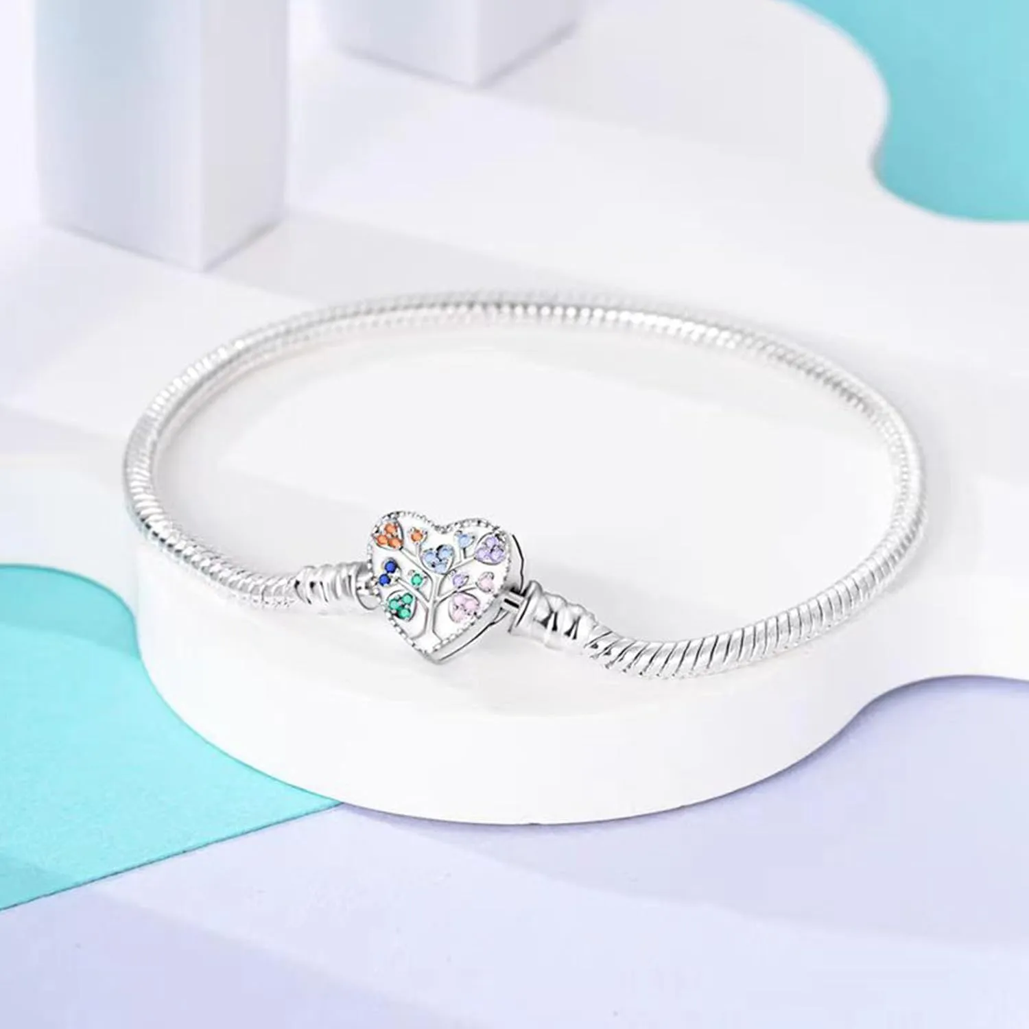 New 925 Sterling Silver Classic Colorful Heart-shaped Tree Snake Bone Chain Bracelet fits Design Charm Bead DIY Exquisite Gifts