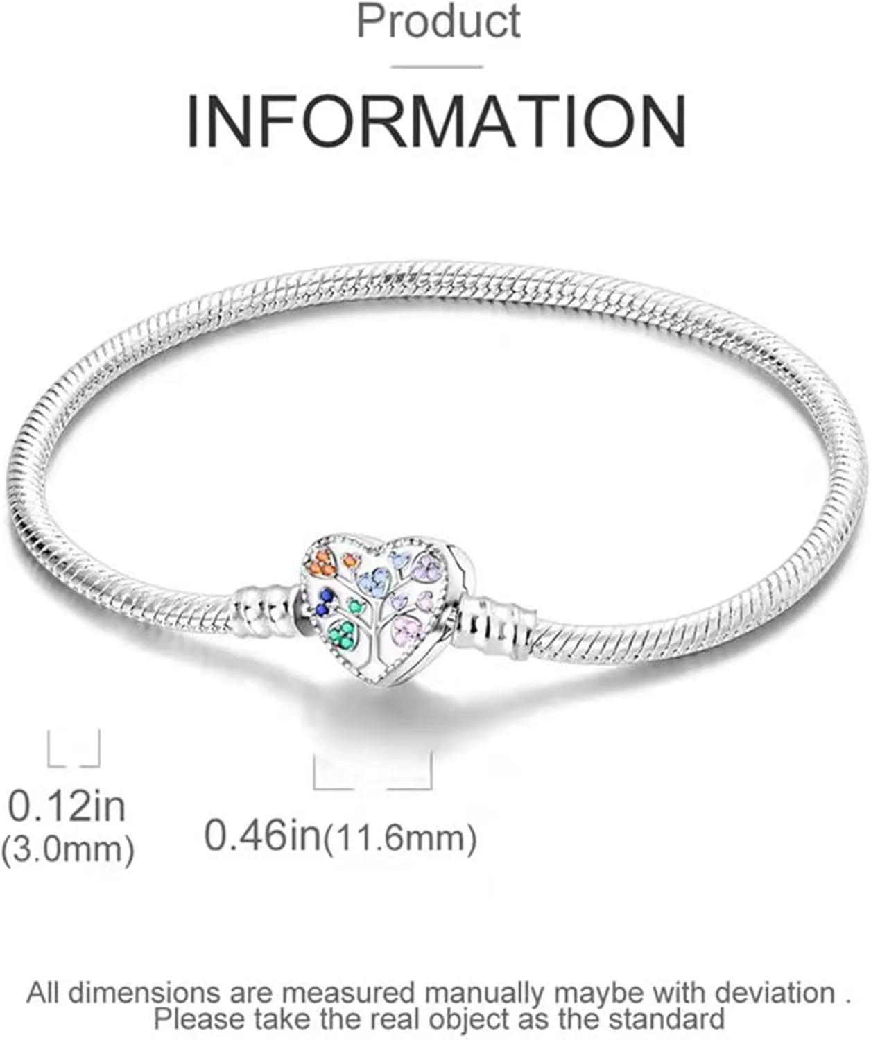New 925 Sterling Silver Classic Colorful Heart-shaped Tree Snake Bone Chain Bracelet fits Design Charm Bead DIY Exquisite Gifts