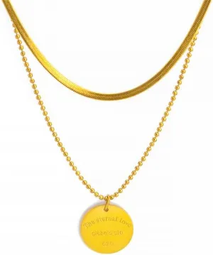 New European and American Style 18K Gold Plated Double Layer Snake Chain Necklace Titanium Steel Layered Round Pendant Choker Necklace for Women Versatile Gift 18 Inch Fashion Jewelry