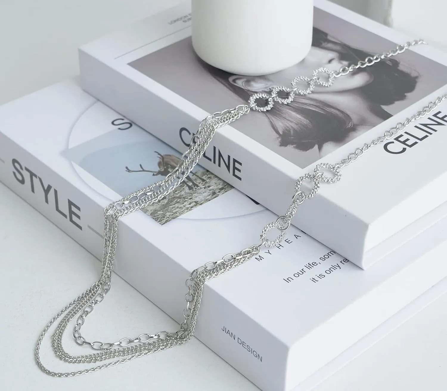 Noessla Layered Long Necklaces for Women Crystal Beaded Statement Necklace Sweater Silver Chain with Gifts Box Jewelry