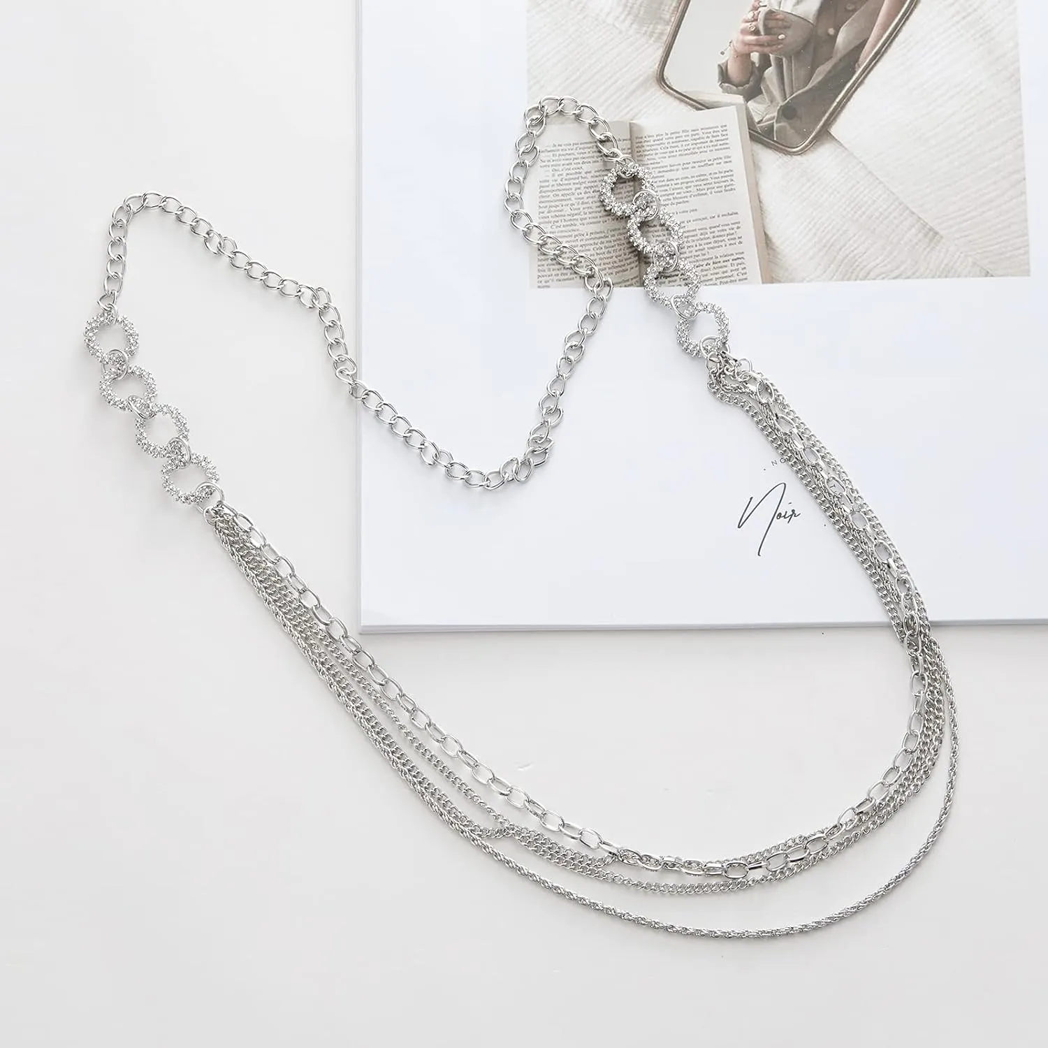 Noessla Layered Long Necklaces for Women Crystal Beaded Statement Necklace Sweater Silver Chain with Gifts Box Jewelry