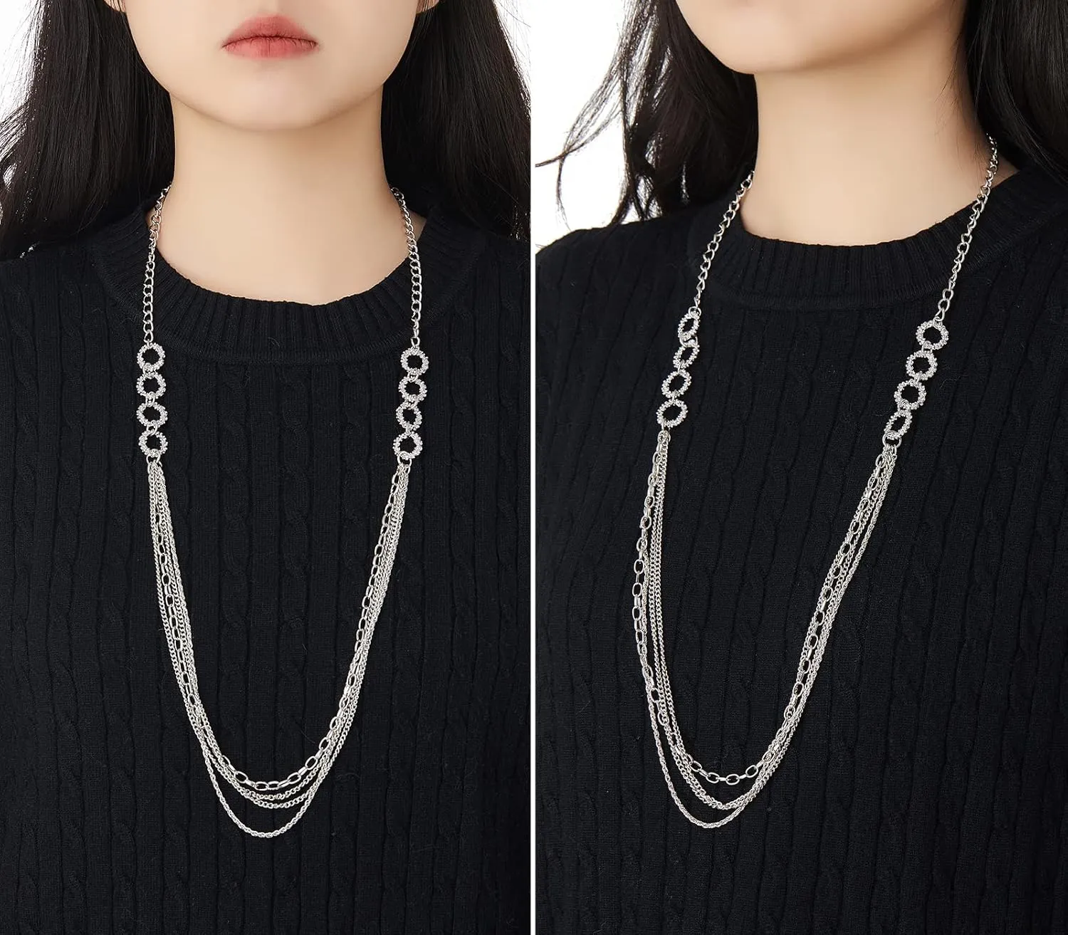 Noessla Layered Long Necklaces for Women Crystal Beaded Statement Necklace Sweater Silver Chain with Gifts Box Jewelry