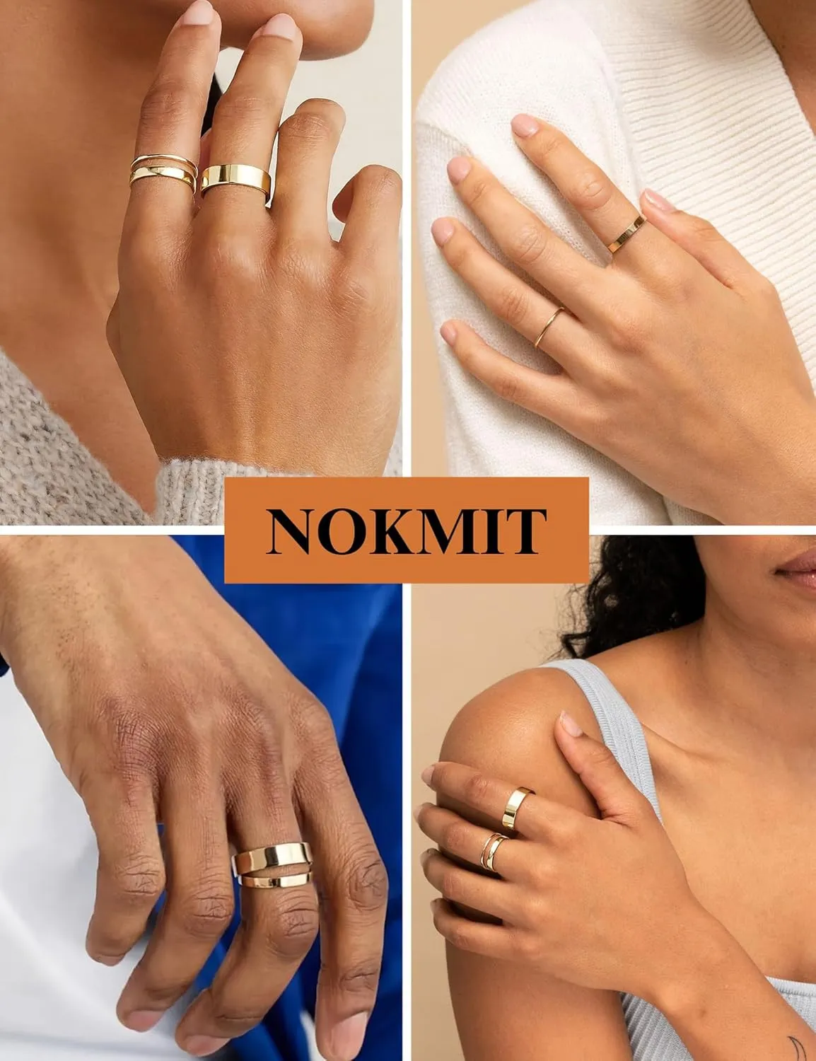 NOKMIT 1mm 3mm 5mm 14K Gold Filled Rings Set for Women Girls Dainty Cute Stacking Stackable Thumb Pinky Bands Non Tarnish Comfort Fit Size 5 to 10