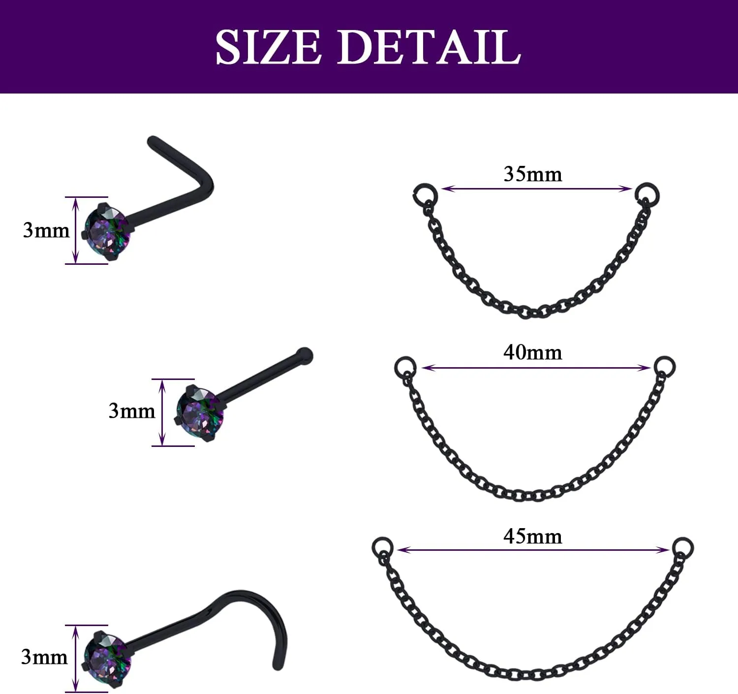 Nose Ring Chain Across Nose Black Stainless Steel Nostril Nose Piercing Chain with Cubic Zirconia Nose Screw Bone L-Shaped Ring for Women Body Piercing Nostril Jewelry with Bridge Chain