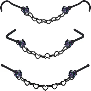 Nose Ring Chain Across Nose Black Stainless Steel Nostril Nose Piercing Chain with Cubic Zirconia Nose Screw Bone L-Shaped Ring for Women Body Piercing Nostril Jewelry with Bridge Chain