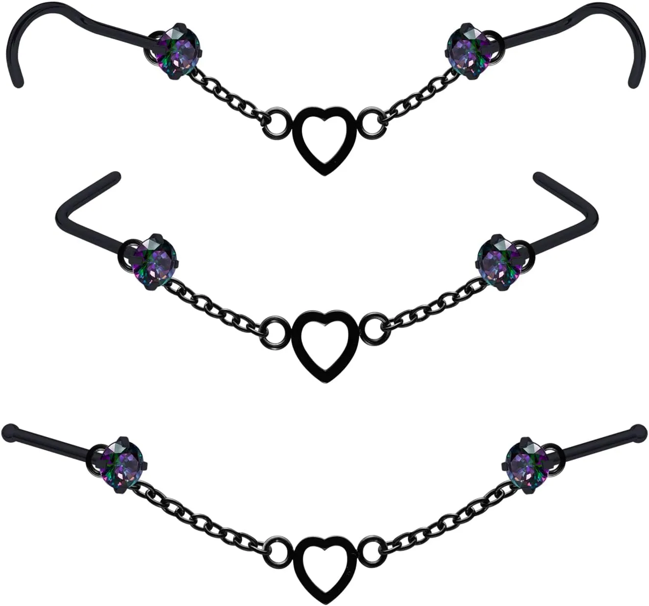 Nose Ring Chain Across Nose Black Stainless Steel Nostril Nose Piercing Chain with Cubic Zirconia Nose Screw Bone L-Shaped Ring for Women Body Piercing Nostril Jewelry with Bridge Chain