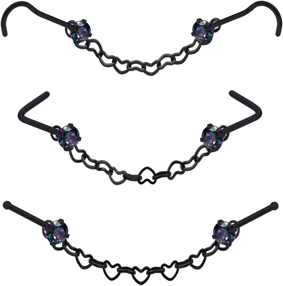 Nose Ring Chain Across Nose Black Stainless Steel Nostril Nose Piercing Chain with Cubic Zirconia Nose Screw Bone L-Shaped Ring for Women Body Piercing Nostril Jewelry with Bridge Chain