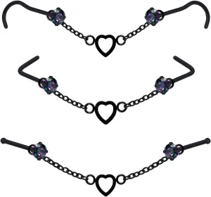 Nose Ring Chain Across Nose Black Stainless Steel Nostril Nose Piercing Chain with Cubic Zirconia Nose Screw Bone L-Shaped Ring for Women Body Piercing Nostril Jewelry with Bridge Chain