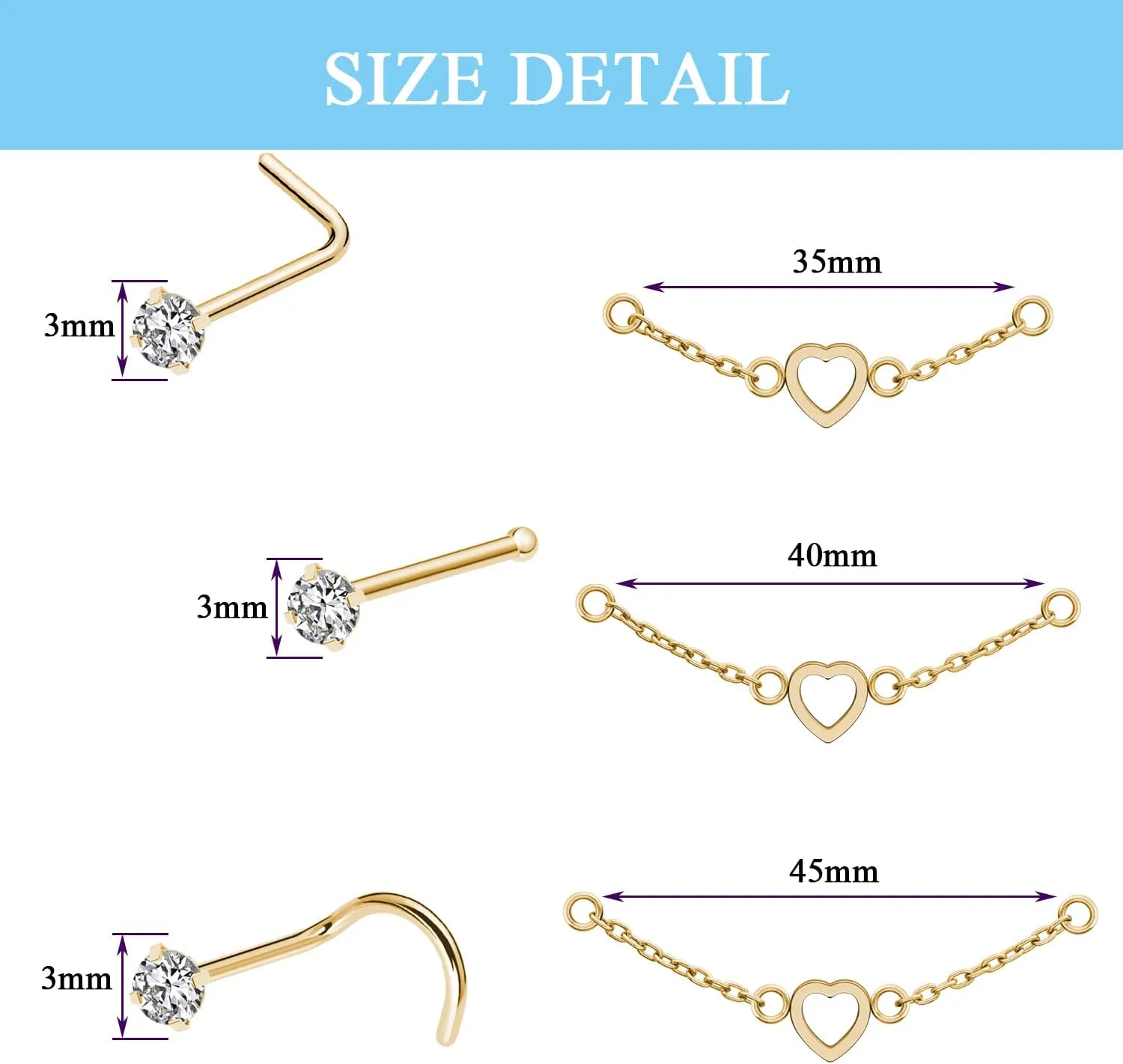 Nose Ring Chain Across Nose Black Stainless Steel Nostril Nose Piercing Chain with Cubic Zirconia Nose Screw Bone L-Shaped Ring for Women Body Piercing Nostril Jewelry with Bridge Chain