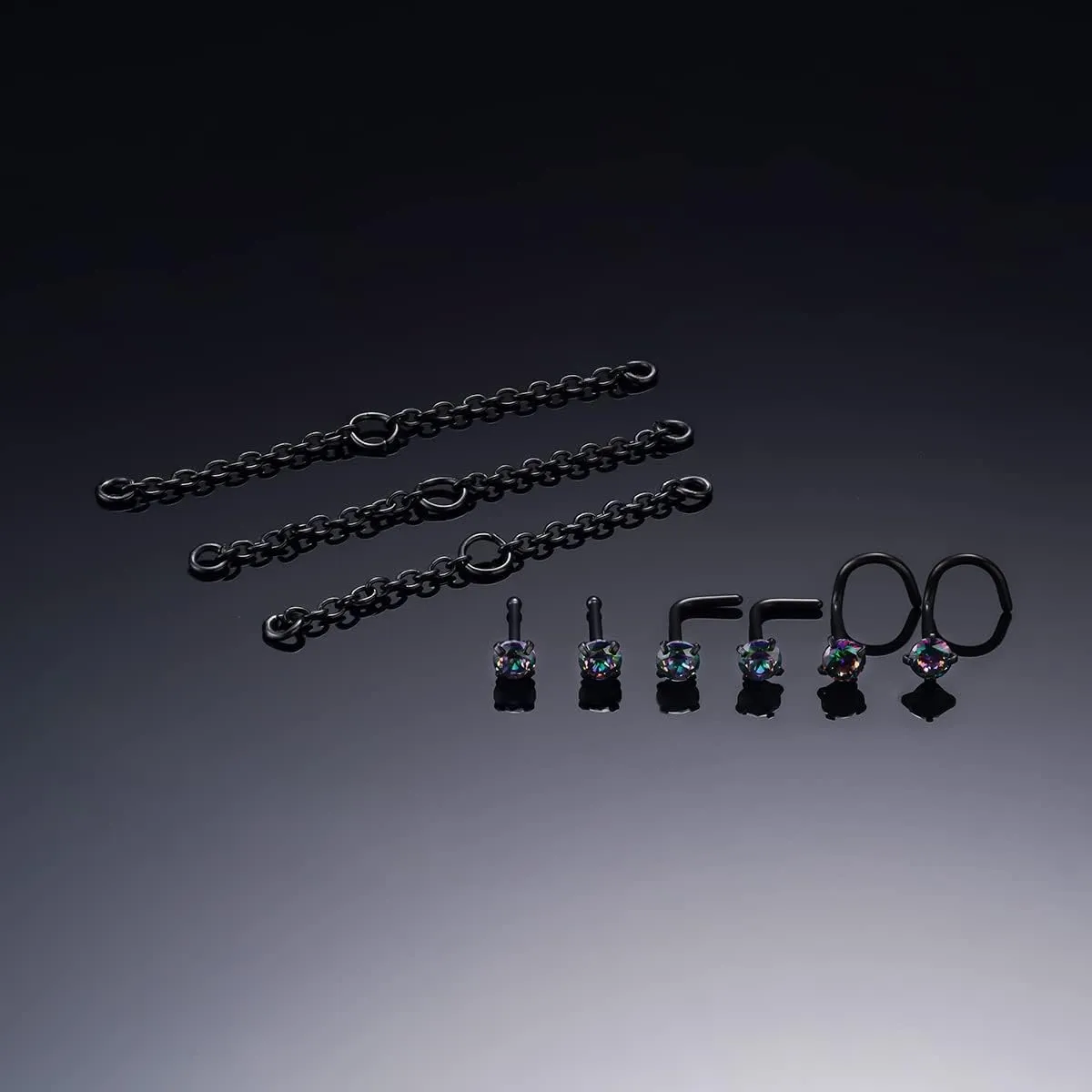 Nose Ring Chain Across Nose Black Stainless Steel Nostril Nose Piercing Chain with Cubic Zirconia Nose Screw Bone L-Shaped Ring for Women Body Piercing Nostril Jewelry with Bridge Chain