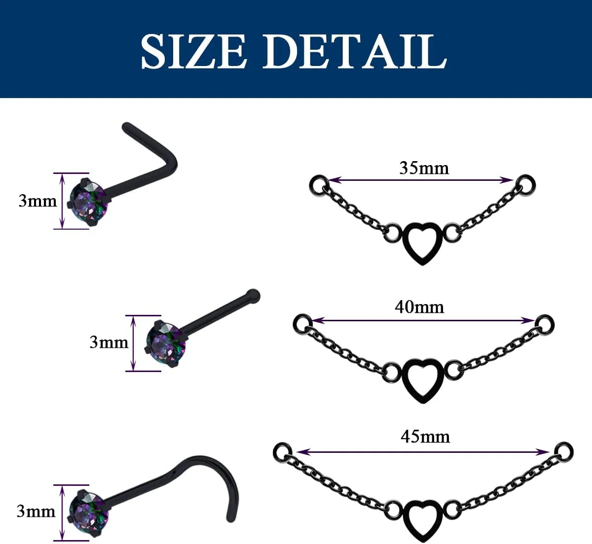 Nose Ring Chain Across Nose Black Stainless Steel Nostril Nose Piercing Chain with Cubic Zirconia Nose Screw Bone L-Shaped Ring for Women Body Piercing Nostril Jewelry with Bridge Chain