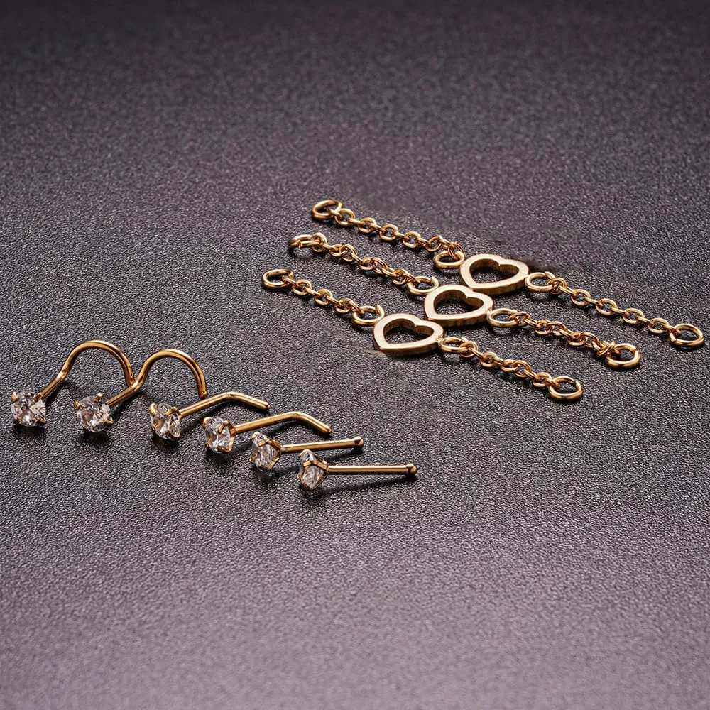 Nose Ring Chain Across Nose Black Stainless Steel Nostril Nose Piercing Chain with Cubic Zirconia Nose Screw Bone L-Shaped Ring for Women Body Piercing Nostril Jewelry with Bridge Chain