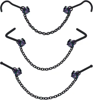 Nose Ring Chain Across Nose Black Stainless Steel Nostril Nose Piercing Chain with Cubic Zirconia Nose Screw Bone L-Shaped Ring for Women Body Piercing Nostril Jewelry with Bridge Chain