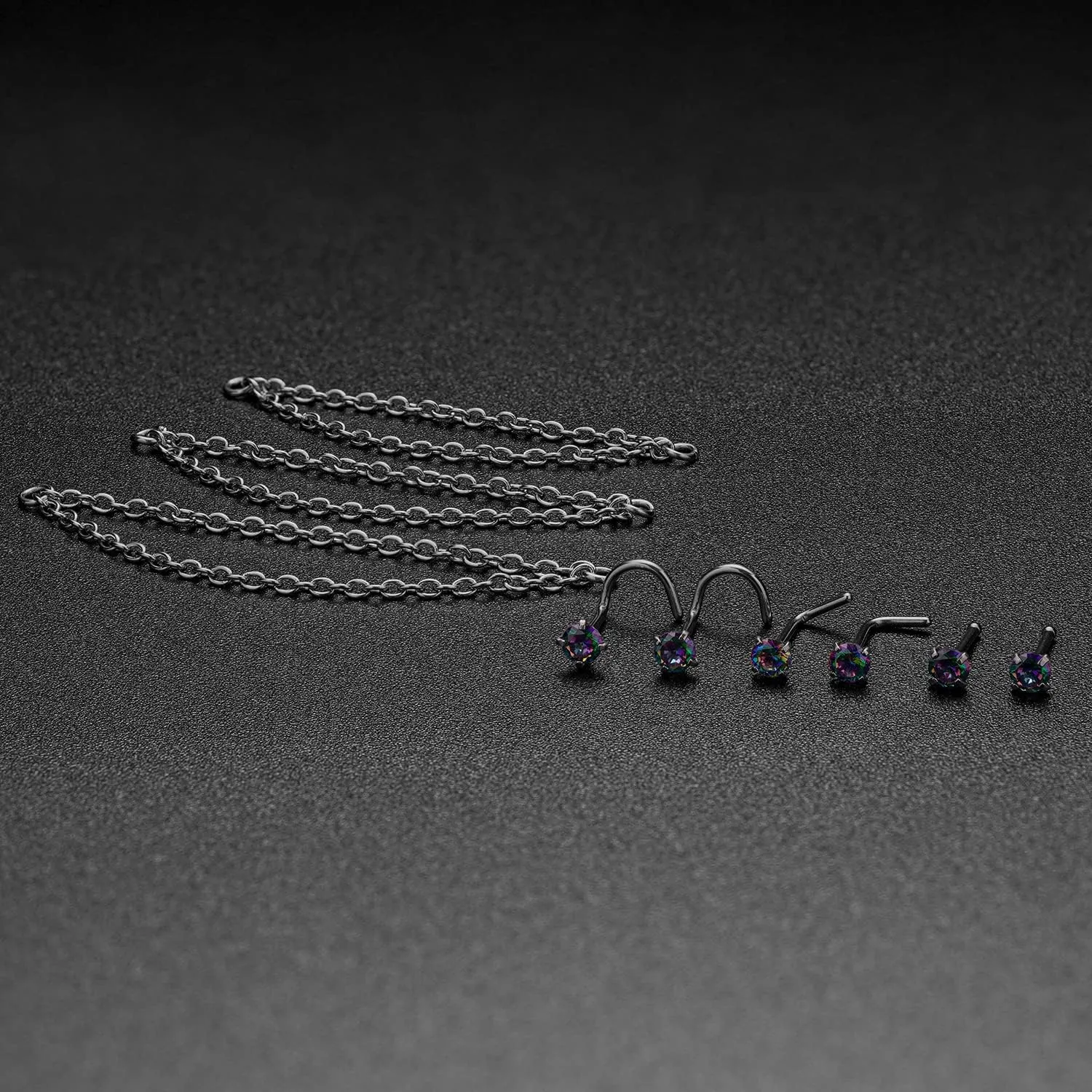 Nose Ring Chain Across Nose Black Stainless Steel Nostril Nose Piercing Chain with Cubic Zirconia Nose Screw Bone L-Shaped Ring for Women Body Piercing Nostril Jewelry with Bridge Chain