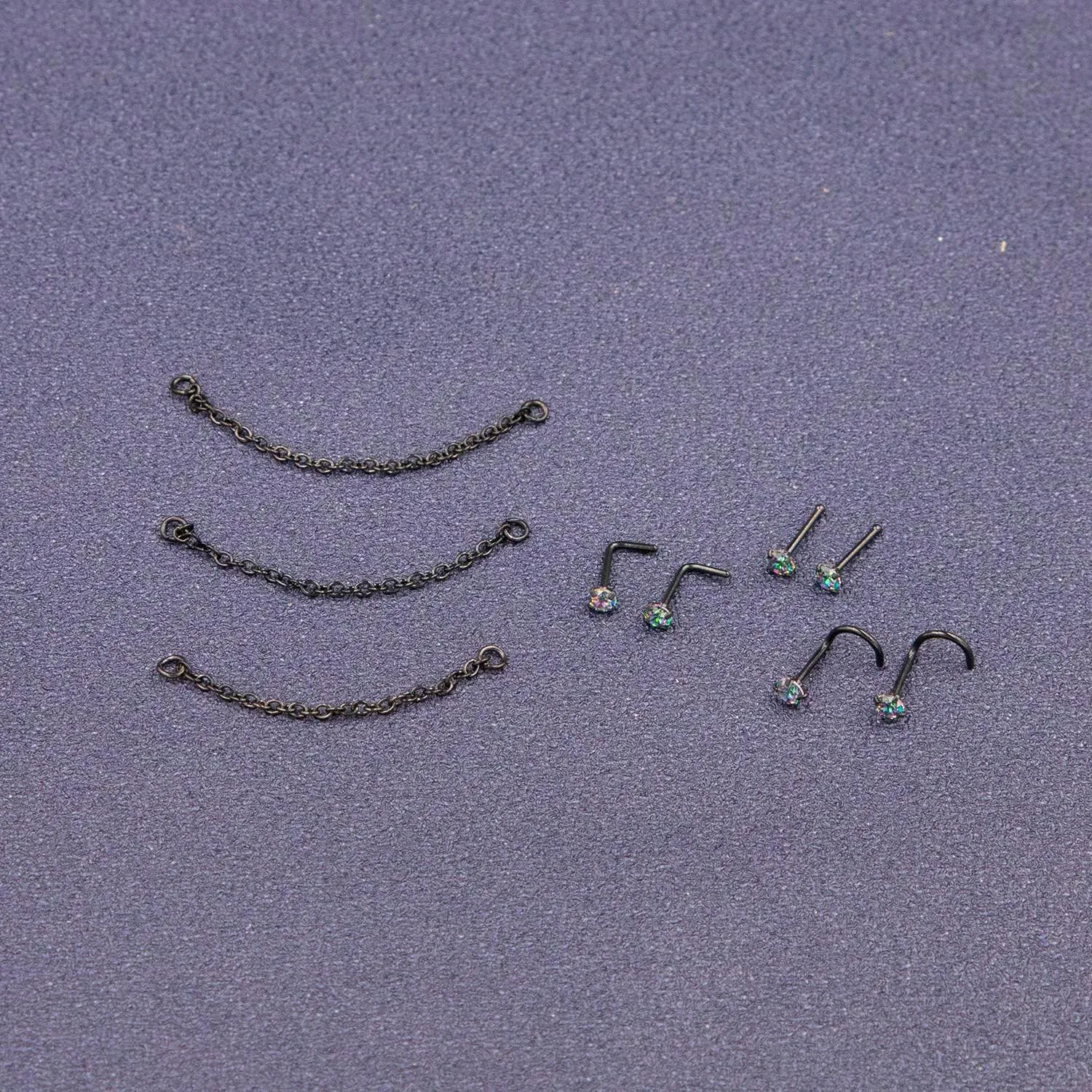 Nose Ring Chain Across Nose Black Stainless Steel Nostril Nose Piercing Chain with Cubic Zirconia Nose Screw Bone L-Shaped Ring for Women Body Piercing Nostril Jewelry with Bridge Chain