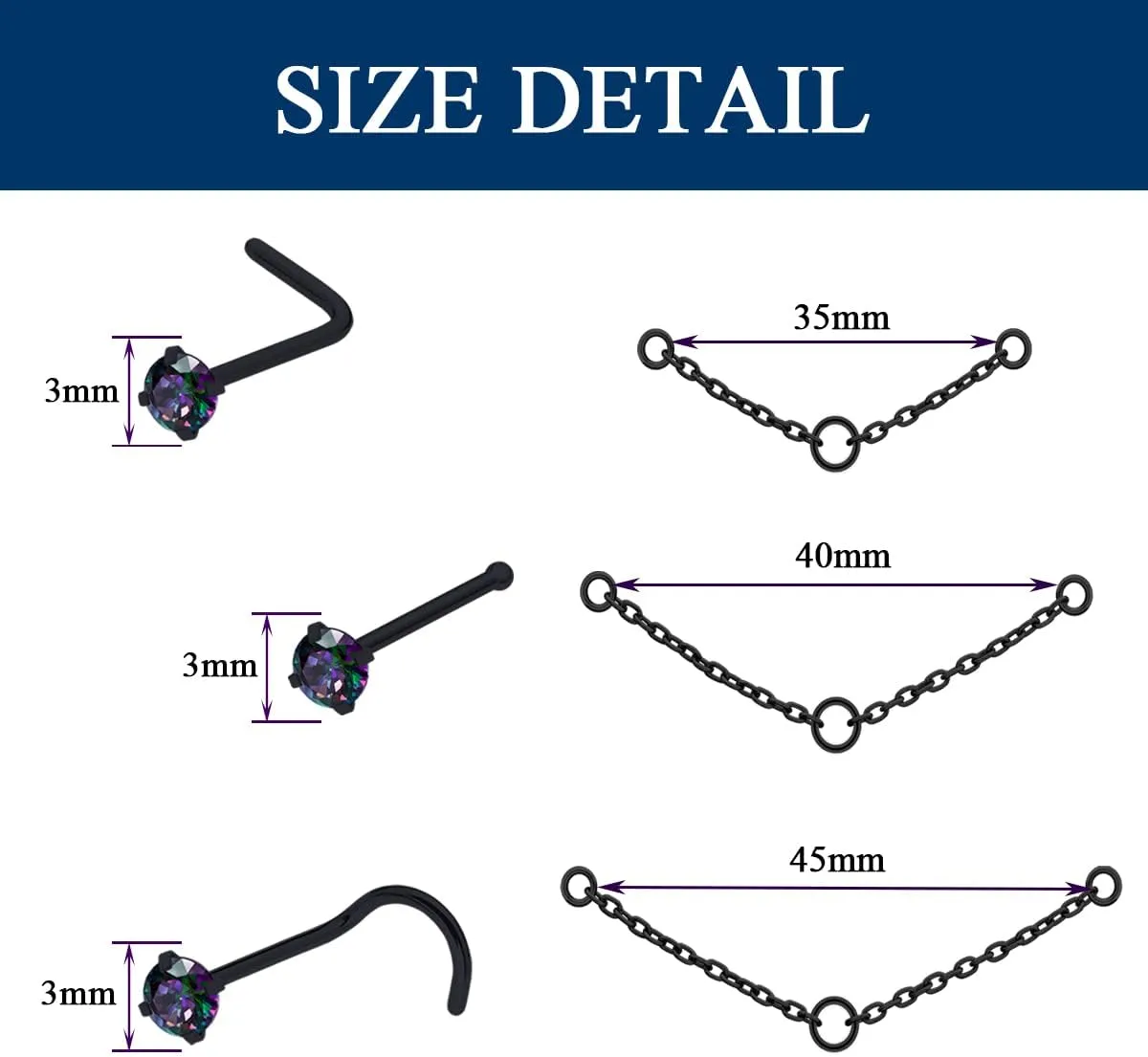 Nose Ring Chain Across Nose Black Stainless Steel Nostril Nose Piercing Chain with Cubic Zirconia Nose Screw Bone L-Shaped Ring for Women Body Piercing Nostril Jewelry with Bridge Chain