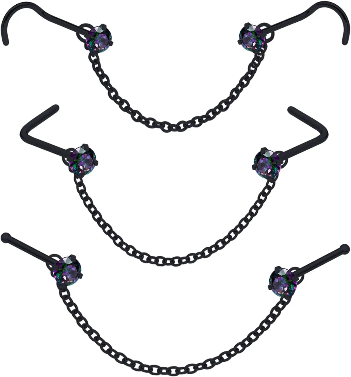 Nose Ring Chain Across Nose Black Stainless Steel Nostril Nose Piercing Chain with Cubic Zirconia Nose Screw Bone L-Shaped Ring for Women Body Piercing Nostril Jewelry with Bridge Chain