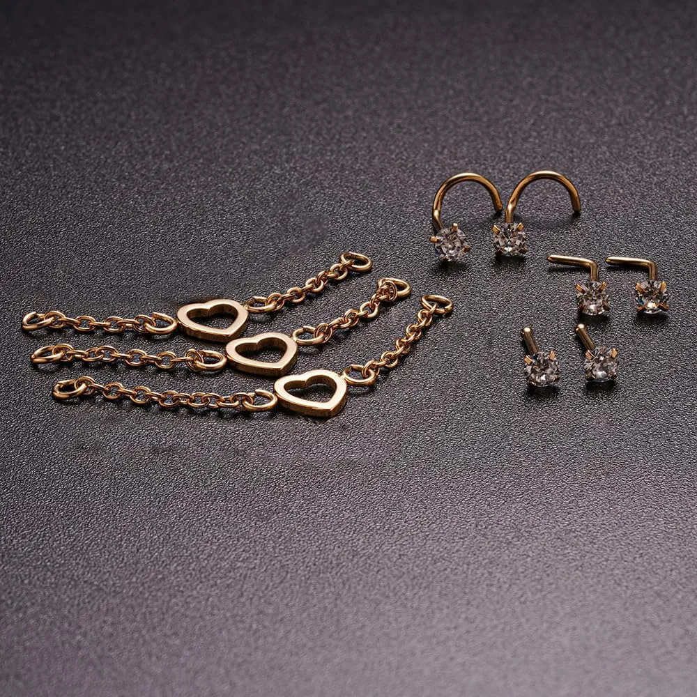 Nose Ring Chain Across Nose Black Stainless Steel Nostril Nose Piercing Chain with Cubic Zirconia Nose Screw Bone L-Shaped Ring for Women Body Piercing Nostril Jewelry with Bridge Chain