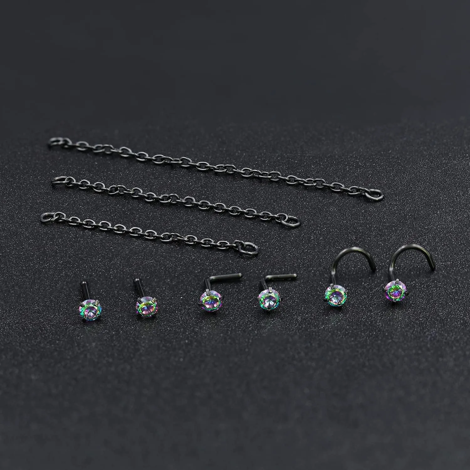 Nose Ring Chain Across Nose Black Stainless Steel Nostril Nose Piercing Chain with Cubic Zirconia Nose Screw Bone L-Shaped Ring for Women Body Piercing Nostril Jewelry with Bridge Chain