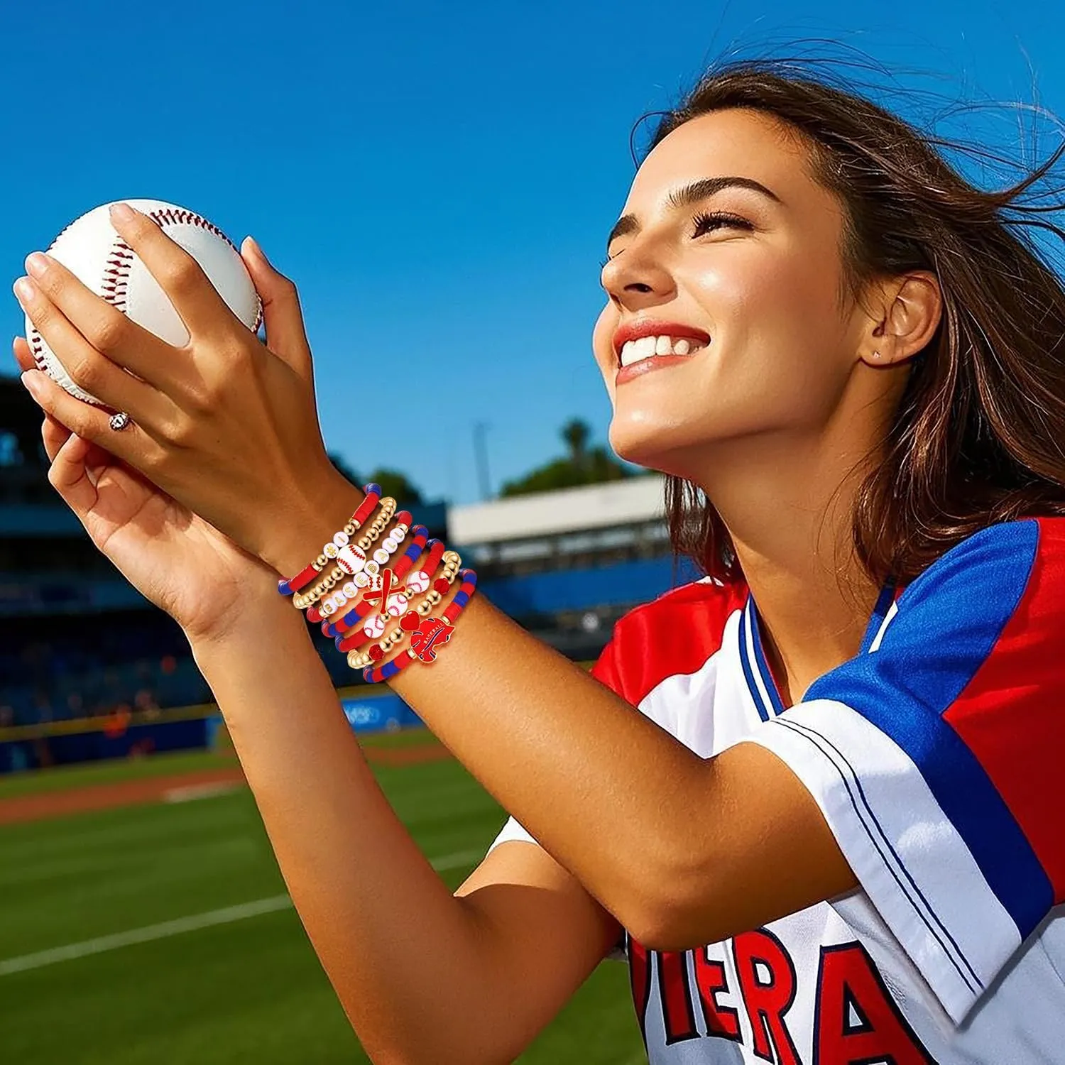 NVENF Baseball Bracelets for Women Stackable Orange Navy Game Day Heishi Bracelets Preppy Friendship Sports Bracelet Softball Baseball Jewelry Accessories Party Favors Gifts