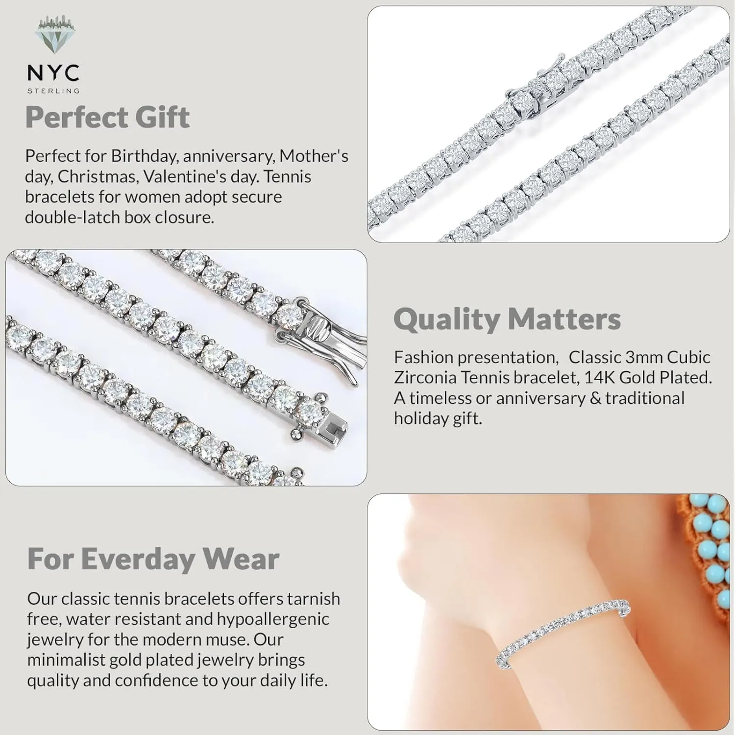 NYC Sterling Tennis Bracelet for Women - 3mm Elegant Cubic Zirconia Bracelet 6.5"-7.5" - Versatile Jewelry for Women, Professional and Social Wear