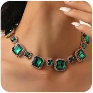 Octwine Sparkling Silver Red Green Rhinestones Bridal Necklace Earrings Set Wedding Rhinestone Necklace Dangle Earrings Sets for Brides Bridesmaid Crystal Prom Party Accessories for Women