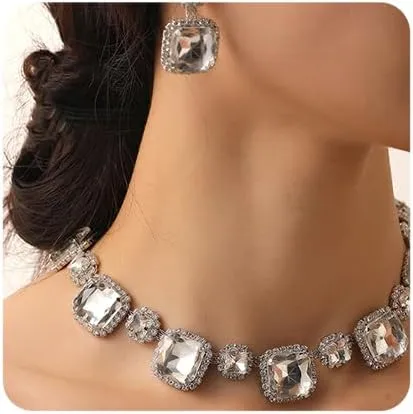 Octwine Sparkling Silver Red Green Rhinestones Bridal Necklace Earrings Set Wedding Rhinestone Necklace Dangle Earrings Sets for Brides Bridesmaid Crystal Prom Party Accessories for Women