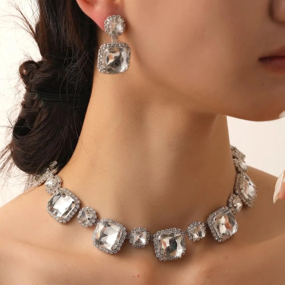 Octwine Sparkling Silver Red Green Rhinestones Bridal Necklace Earrings Set Wedding Rhinestone Necklace Dangle Earrings Sets for Brides Bridesmaid Crystal Prom Party Accessories for Women