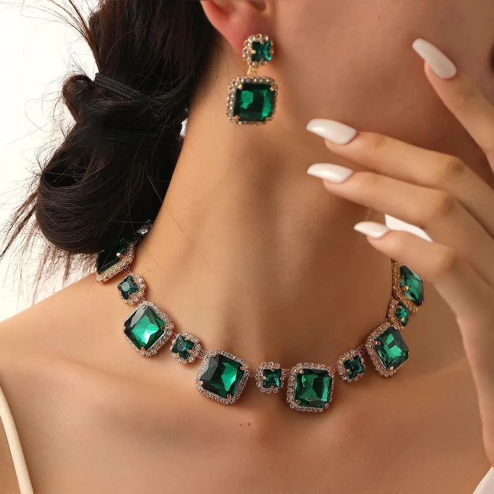 Octwine Sparkling Silver Red Green Rhinestones Bridal Necklace Earrings Set Wedding Rhinestone Necklace Dangle Earrings Sets for Brides Bridesmaid Crystal Prom Party Accessories for Women