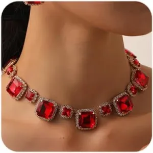 Octwine Sparkling Silver Red Green Rhinestones Bridal Necklace Earrings Set Wedding Rhinestone Necklace Dangle Earrings Sets for Brides Bridesmaid Crystal Prom Party Accessories for Women
