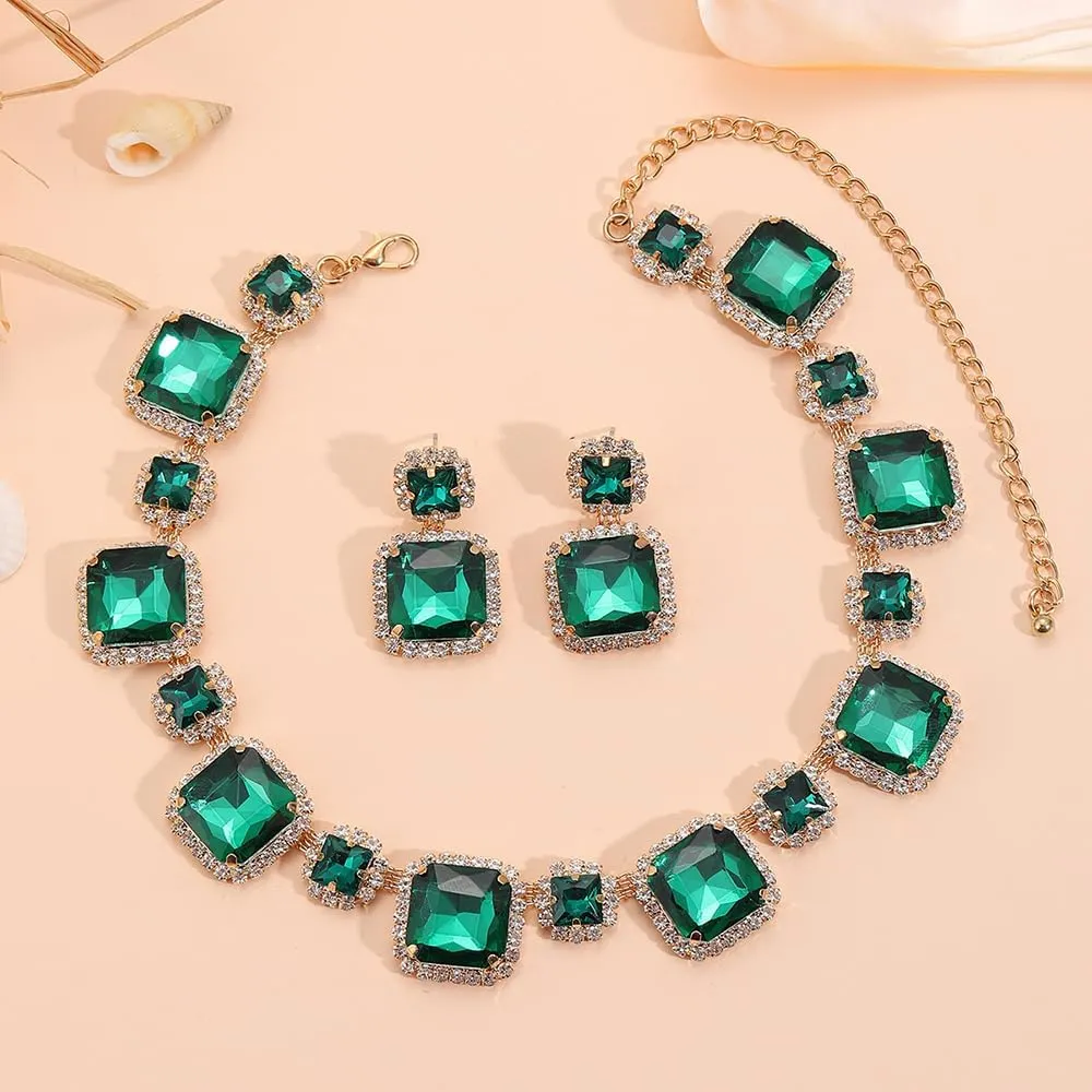 Octwine Sparkling Silver Red Green Rhinestones Bridal Necklace Earrings Set Wedding Rhinestone Necklace Dangle Earrings Sets for Brides Bridesmaid Crystal Prom Party Accessories for Women