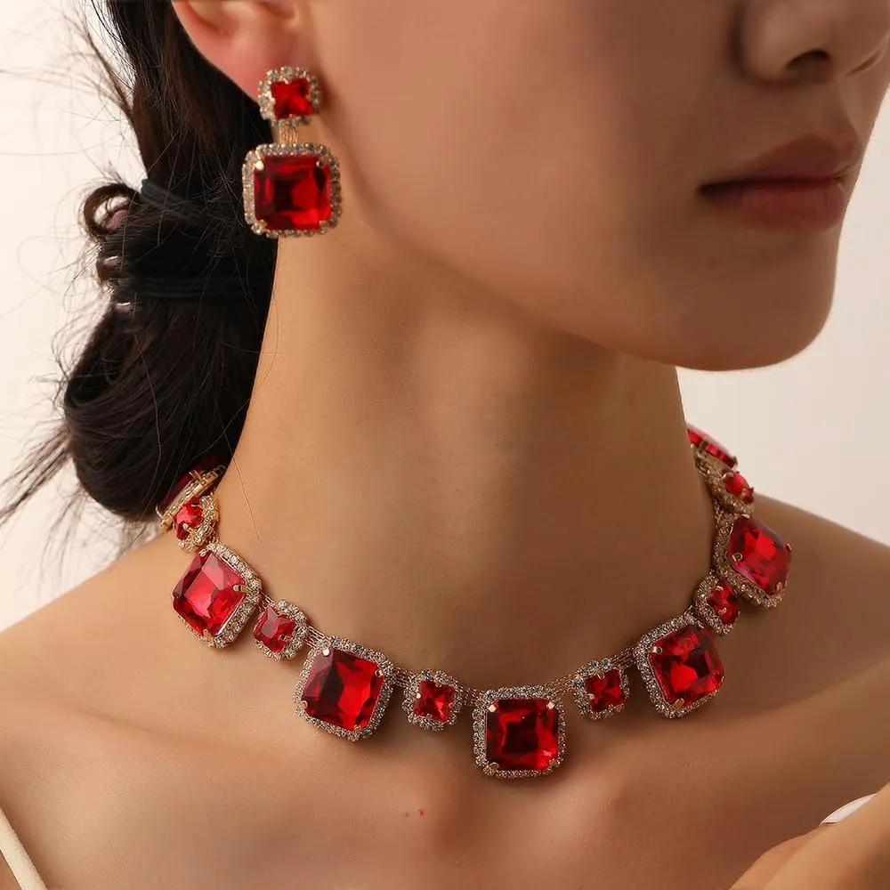 Octwine Sparkling Silver Red Green Rhinestones Bridal Necklace Earrings Set Wedding Rhinestone Necklace Dangle Earrings Sets for Brides Bridesmaid Crystal Prom Party Accessories for Women