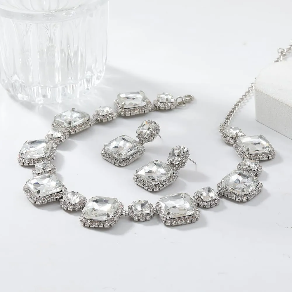 Octwine Sparkling Silver Red Green Rhinestones Bridal Necklace Earrings Set Wedding Rhinestone Necklace Dangle Earrings Sets for Brides Bridesmaid Crystal Prom Party Accessories for Women