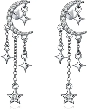 OHAYOO Star Earrings 925 Sterling Silver Crescent Moon Star Stud Earrings with Sparkling CZ Moon Star Tassel Earrings