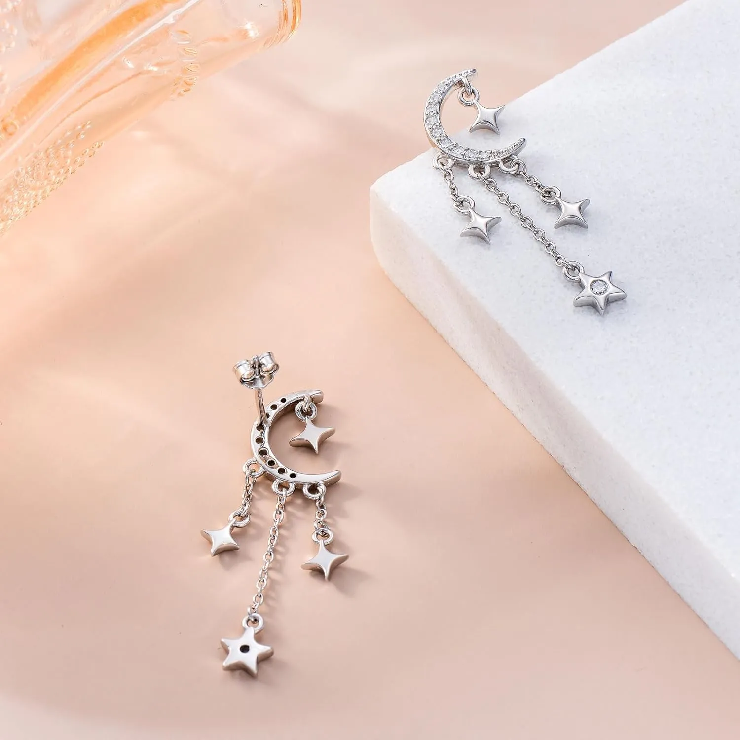 OHAYOO Star Earrings 925 Sterling Silver Crescent Moon Star Stud Earrings with Sparkling CZ Moon Star Tassel Earrings